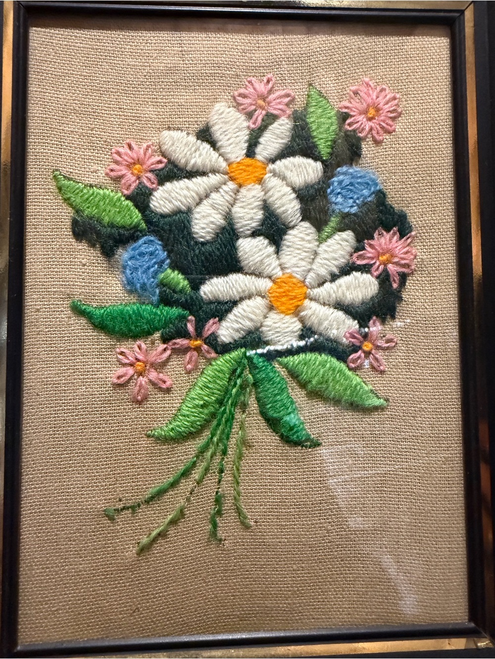 Vintage Embroidered Crewl Daisy Bouquet Wall Art - Picture 3 of 4